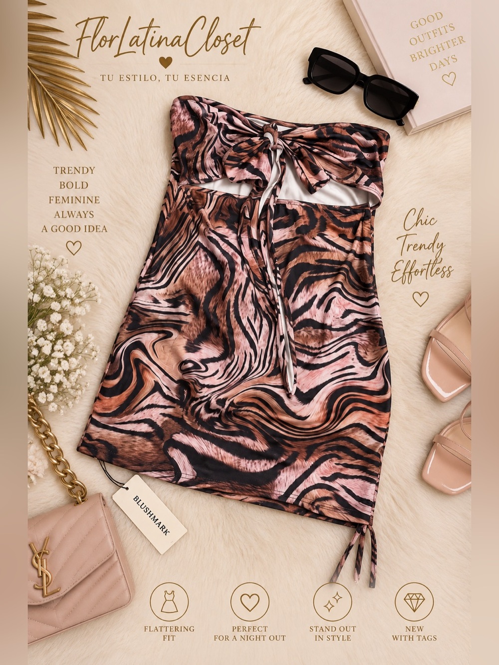 Blushmark Pink & Brown Animal Print Strapless Mini Dress – Size L